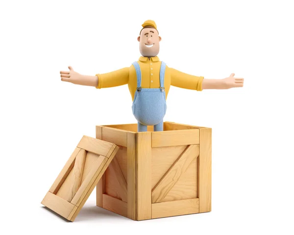 3D ilustrace. Kreslená postava. Dodavatel v montérkách vyskočí z dřevěné krabice. — Stock fotografie