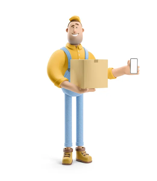 3D illusztráció. Rajzfilmfigura. A futár overálban tart egy dobozt egy csomaggal és egy telefonnal. Online szállítás koncepció. — Stock Fotó