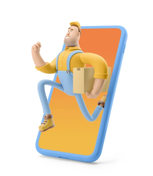 Express online leverans koncept. 3D-illustration. Tecknad karaktär. Leverans mannen rinner ut ur telefonen med paketet i sina händer. — Stockfoto