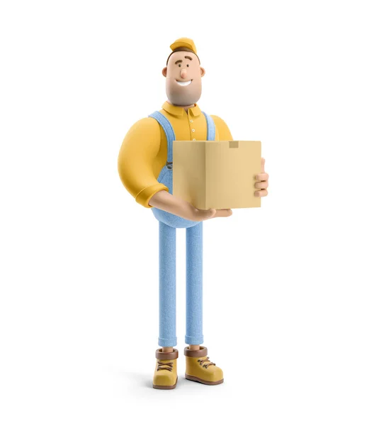 Ilustração 3d. Personagem de desenhos animados. Entregador de macacão segura uma caixa com um pacote em suas mãos . — Fotografia de Stock