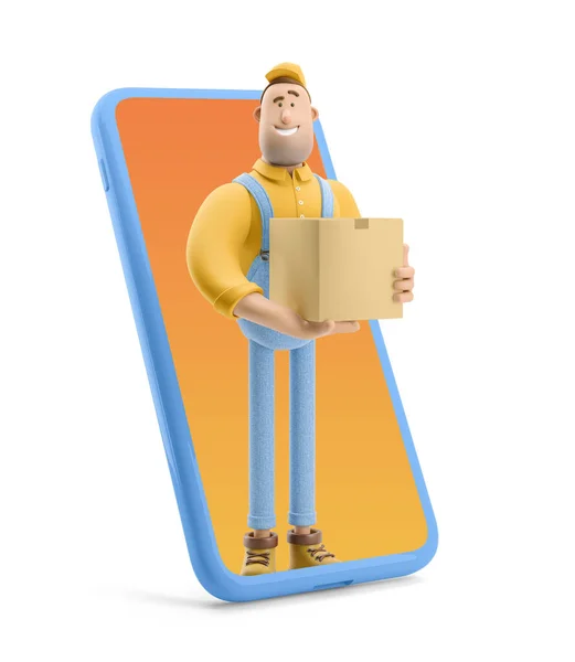 Illustration 3D. Un personnage de bande dessinée. Livreur en salopette debout à l'intérieur du téléphone et tient une boîte avec un colis. Concept de livraison en ligne . — Photo