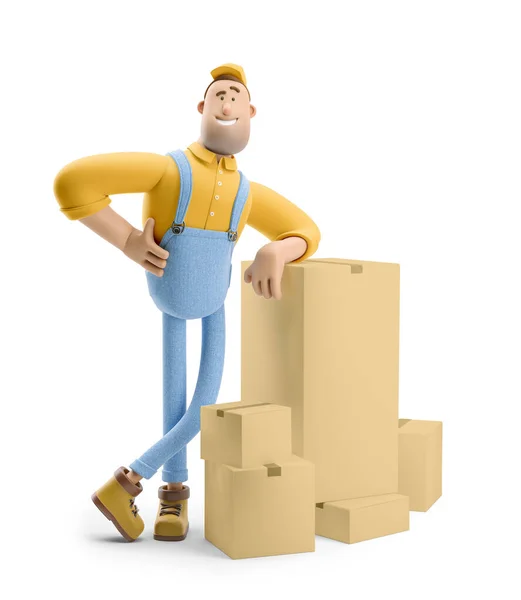 Ilustração 3d. Personagem de desenhos animados. Entregador de macacão está de pé com um monte de parcelas . — Fotografia de Stock