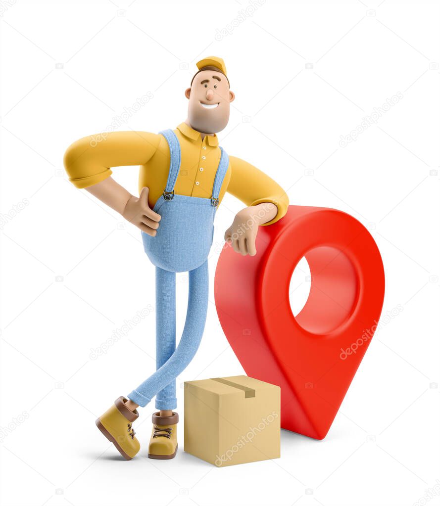 Parcel tracking concept. 3d illustration. Cartoon character. Deliveryman in overalls  with a parcel is standing next to a large pin.