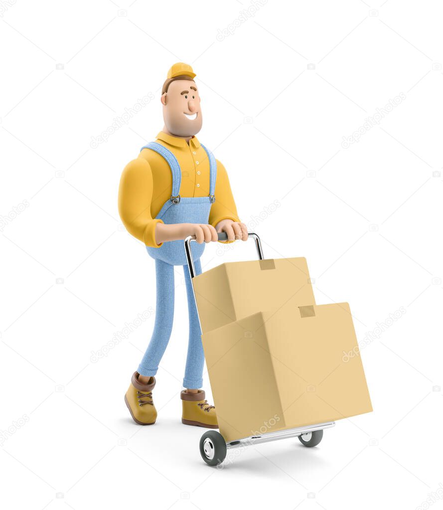 3d illustration. Cartoon character. Courier carries a cart with parcels