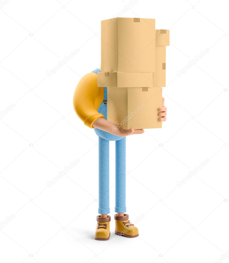 3d illustration. Cartoon character. Deliveryman in overalls  is holding a bunch of packages in his hands.
