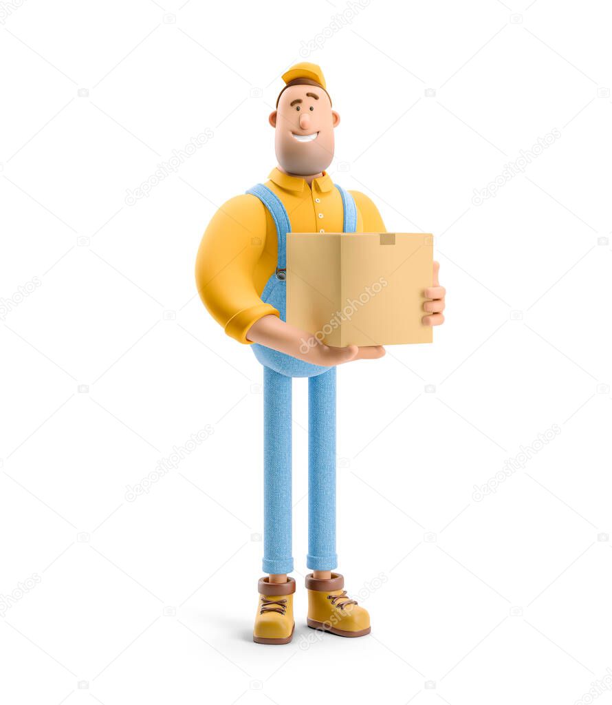 3d illustration. Cartoon character. Deliveryman in overalls  holds a box with a parcel in his hands.