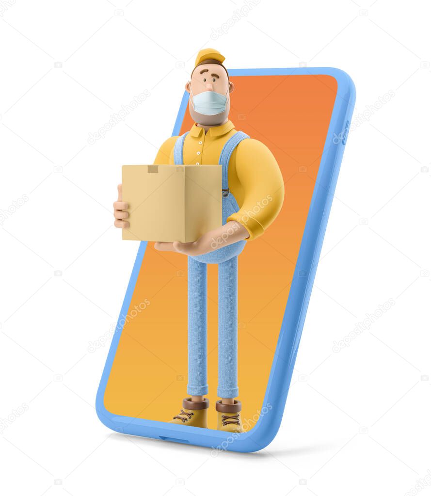 3d illustration. Cartoon character. Deliveryman in overalls standing inside the phone and  holds a box with a parcel. Safe online delivery Concept.
