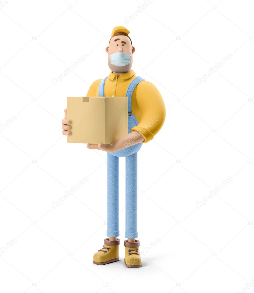 3d illustration. Cartoon character. Deliveryman in a medical mask  holds a box with a parcel in his hands. Safe delivery concept.