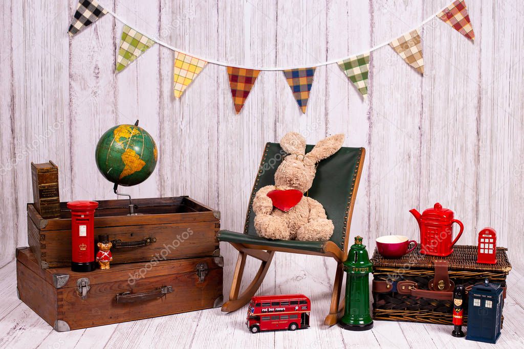 Backdrops for photo studio with vintage decor and old objects proper for kids and family photo sessions.