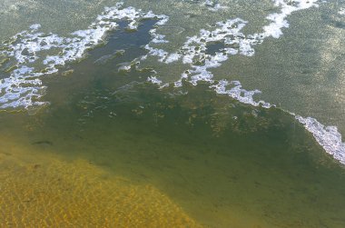 Baykal bölgesi. Bahar. Kıyıdaki parçalanmış zayıf gri buzun kenarı. Tamamen temiz suyun içinden dibini görebilirsin. Yavaşça, denizanası gibi buz kütleleri yüzer. Boş alan