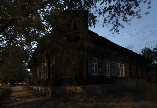 Baikal Regio Irkoetsk Stad Goedenacht Oud Houten Huis Verlicht Door — Stockfoto