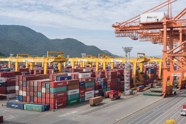 Pusan, Güney Kore - 24 Ağustos 2019 tarihinde Pusan, Güney Kore 'deki konteyner terminali.