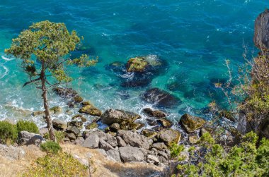 Dalga bir kayaya çarpıyor.