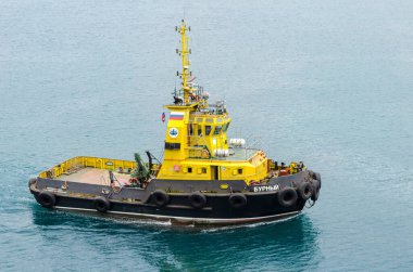 Novorossiysk, Rusya - 04 Ağustos 2016 'da Novorossiysk, Rusya' da limana demirledikten sonra römorkör.