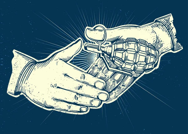 Close Handshake Hand Grenade Hidden Enemy Conflict Metaphor Dangerous Deal — Stock Vector