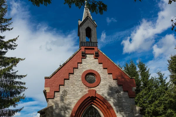 Landet kyrkan med blå himmel i skogen — Stockfoto