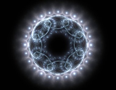 Konuyla ilgili soyut fraktal formlar grafik tasarım ve nükleer fizik bilim parçacıkların. Kutsal geometri futuristik