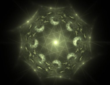 Konuyla ilgili soyut fraktal formlar grafik tasarım ve nükleer fizik bilim parçacıkların. Kutsal geometri futuristik