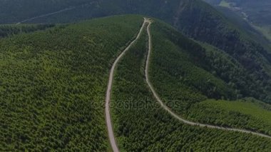 Havadan görünümü. Gün batımı. Bir yeşil çimenli tepe üzerinde uçuş.