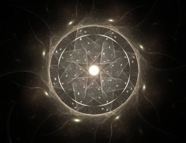 Konuyla ilgili soyut fraktal formlar grafik tasarım ve nükleer fizik bilim parçacıkların. Kutsal geometri futuristik