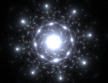 Konuyla ilgili soyut fraktal formlar grafik tasarım ve nükleer fizik bilim parçacıkların. Kutsal geometri futuristik