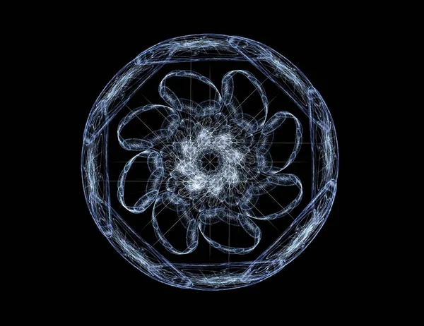 Particelle di forme frattali astratte sul tema della fisica nucleare e del disegno grafico. Geometria sacra futuristica — Foto Stock