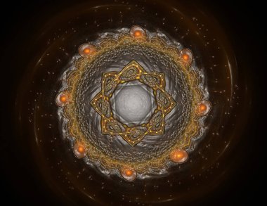 Soyut fraktal kırmızı arka plan ile kesişen daireler ve oval.