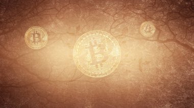 Altın bitcoin, antika arka plan üzerinde Kripto para birimi için kavramsal görüntü