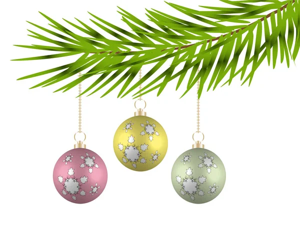 Boules de Noël sur les branches d'un arbre. Illustration vectorielle . — Image vectorielle