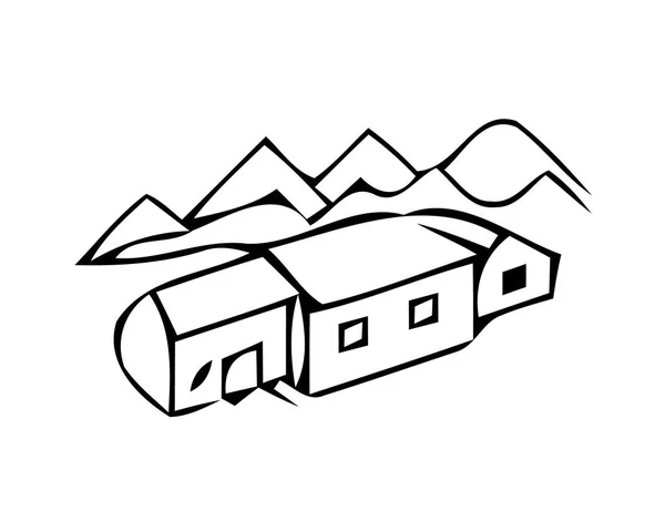 Τοπίο σκίτσο μελανιού σχεδίασης. Αγροτικού τοπίου χαραγμένο στα βουνά. — Διανυσματικό Αρχείο