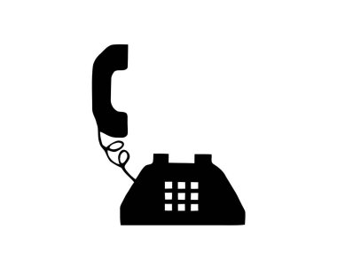 Beyaz arka plan üzerinde siyah anahat siluet izole eski retro vintage simge stok vektör çizim telefon