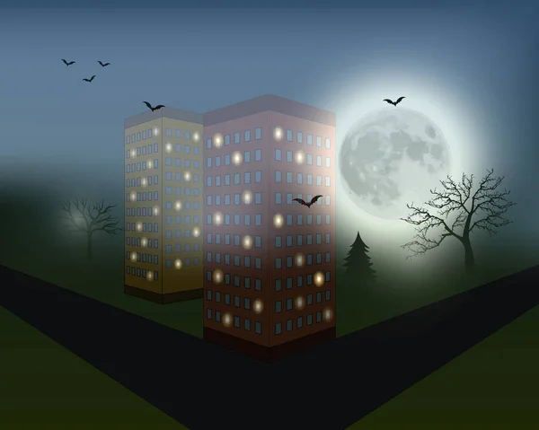 Halloween achtergrond. Halloween landschap met volle maan. Mysterieuze vectorillustratie. — Stockvector