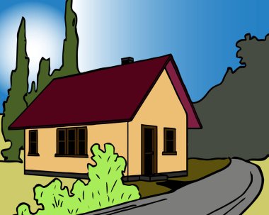 doğal manzara ve günbatımı vektör çizim dağlarında kır evi ile renkli arka plan