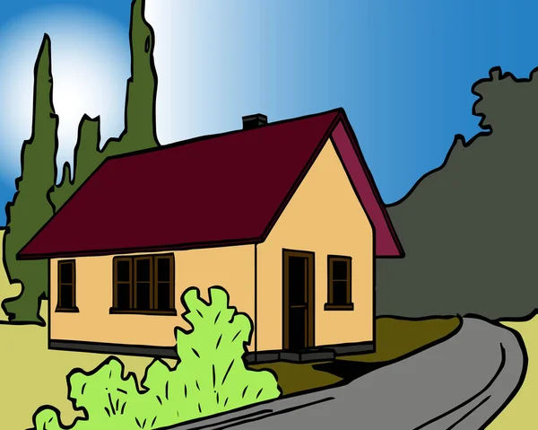 Красочный фон природного ландшафта с загородным домом и горами на векторной иллюстрации заката — стоковый вектор