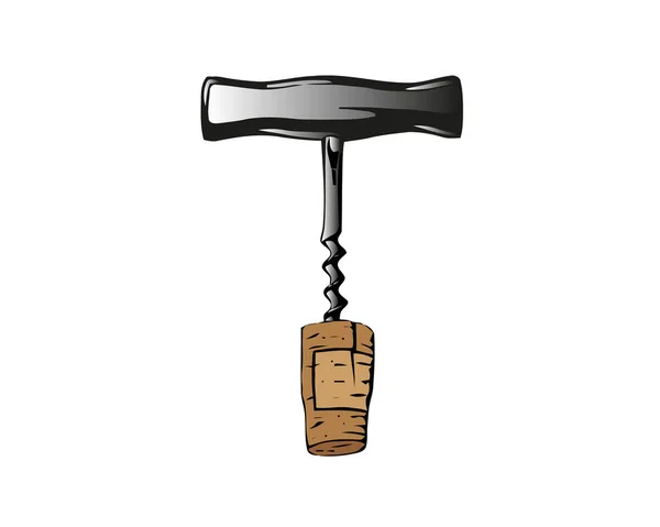 Vector illustration retro wine corkscrew with metal handle. Corkscrew flat icon with cork. Kitchen utensil. — Stock Vector