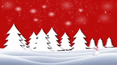 Arka planda düşen kar tanelerine karşı sihirli ormanda kışın hareket eden kardan adamın Noel animasyonu. Karla kaplı araziye kar yağıyor. 4k 'lik kar ağaçları var..