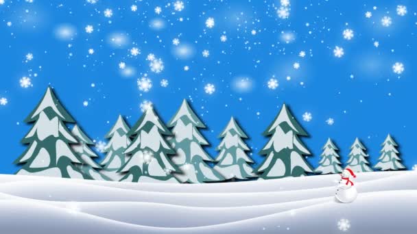 Animation de Noël d'un bonhomme de neige se déplaçant à travers le paysage hivernal dans une forêt magique contre les flocons de neige en arrière-plan. Neige tombant sur le paysage enneigé avec des arbres de neige en 4k .