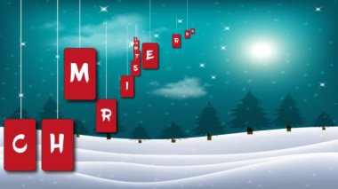 Tebrik kartı için sihirli mutlu noeller gecesi. Bulutlarda ay, yıldızlar ve kar. Kış manzarasında Ay 'ın arka planında bir orman silueti. Güzel kar manzarasında Noel animasyonu.