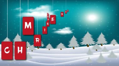 Tebrik kartı için sihirli mutlu noeller gecesi. Bulutlarda ay, yıldızlar ve kar. Kış manzarasında Ay 'ın arka planında bir orman silueti. Güzel kar manzarasında Noel animasyonu.