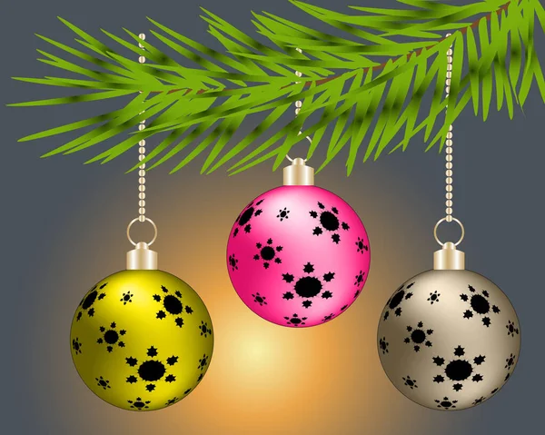 Bolas de Navidad en las ramas de un árbol. Ilustración vectorial . — Vector de stock