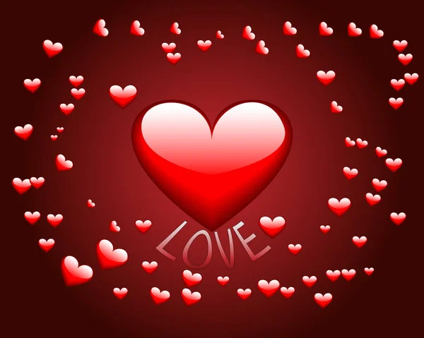 Buon San Valentino modello di biglietto di auguri con testo tipografico sotto il cuore rosso con altri cuori rossi isolati su sfondo rosso. Illustrazione vettoriale — Vettoriale Stock