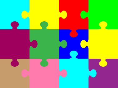 Yapboz parçalarından yapılmış renkli bulmaca harfleri. Çok renkli yapboz deseni (çıkarılabilir parçalar). Vektör illüstrasyonu