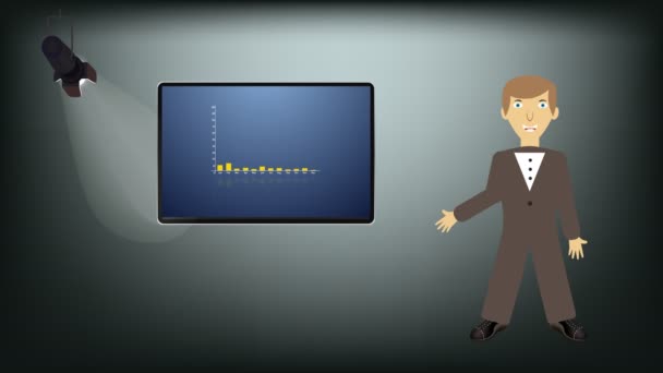 Young Man Business Suit Making Presentation Cartoon Businessman Explaining Charts — Stock Video