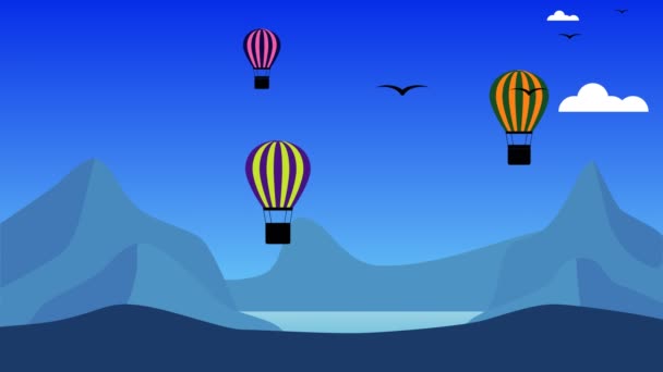 Mountain Landscape Flying Air Balloons Background Flies Birds Clouds Blue — Stock Video