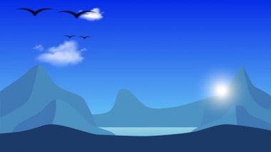 Çizgi film tarzında hareket eden bir animasyon. Arka plan mavi gökyüzünde kuşlar ve bulutlar uçar. Sabah güneşinin parıltısı ufukta beliriyor. Kusursuz döngünün animasyonu.