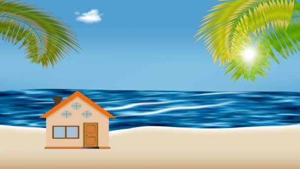 热带小岛的卡通动画 房子和棕榈树都很可爱 远处是汹涌澎湃的汹涌大海和在天空中飘扬的太阳 — 图库视频影像