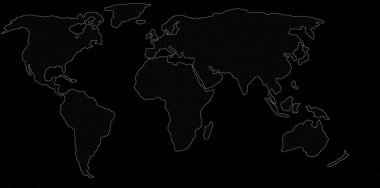 Dünya haritası siyah beyaz tüm ülkeleri ve kıtaları gösteriyor.