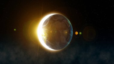 Dünya 'nın üzerinde oldukça detaylı ve gerçekçi bir destansı gün doğumu. Uzay küresinden gece ufuk çizgisi görüntüsü sabahları güneşten parlıyor. Nasa uydu görüntüleri kullanılarak 3D canlandırma