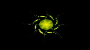 Parlayan dairesel elementler konik şekiller oluşturarak siyah arkaplan üzerine dizilmiş şekiller, pürüzsüz döngü. Animasyon. Geometrik şekilli soyut neon fütüristik arkaplanlar.