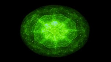 Parlayan dairesel elementler konik şekiller oluşturarak siyah arkaplan üzerine dizilmiş şekiller, pürüzsüz döngü. Animasyon. Geometrik şekilli soyut neon fütüristik arkaplanlar.